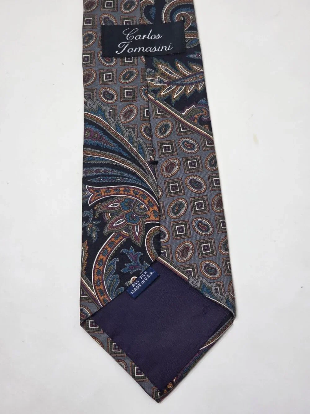 Carlo Tomasini Mens All Silk Tie 58 Inch Gray Paisley Geometric Pattern